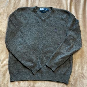 Polo Ralph Lauren Men's V Neck Pullover 100% Lambs Wool Sweater Gray Size M
